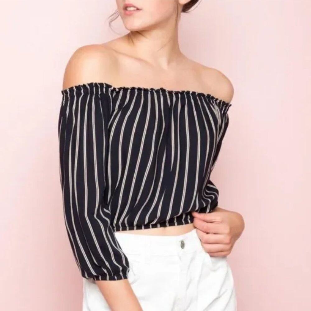Brandy Melville Maura Navy Blue Stripe Off Shoulder Crop Top Viscose Vacation